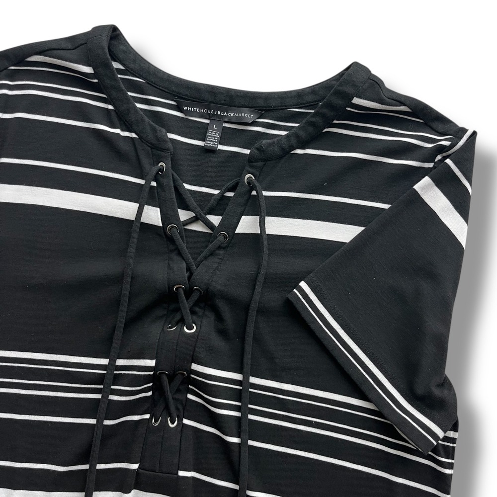 White House Black Market Women L Black White Stripe Short Sl Lace Up Shift Dress